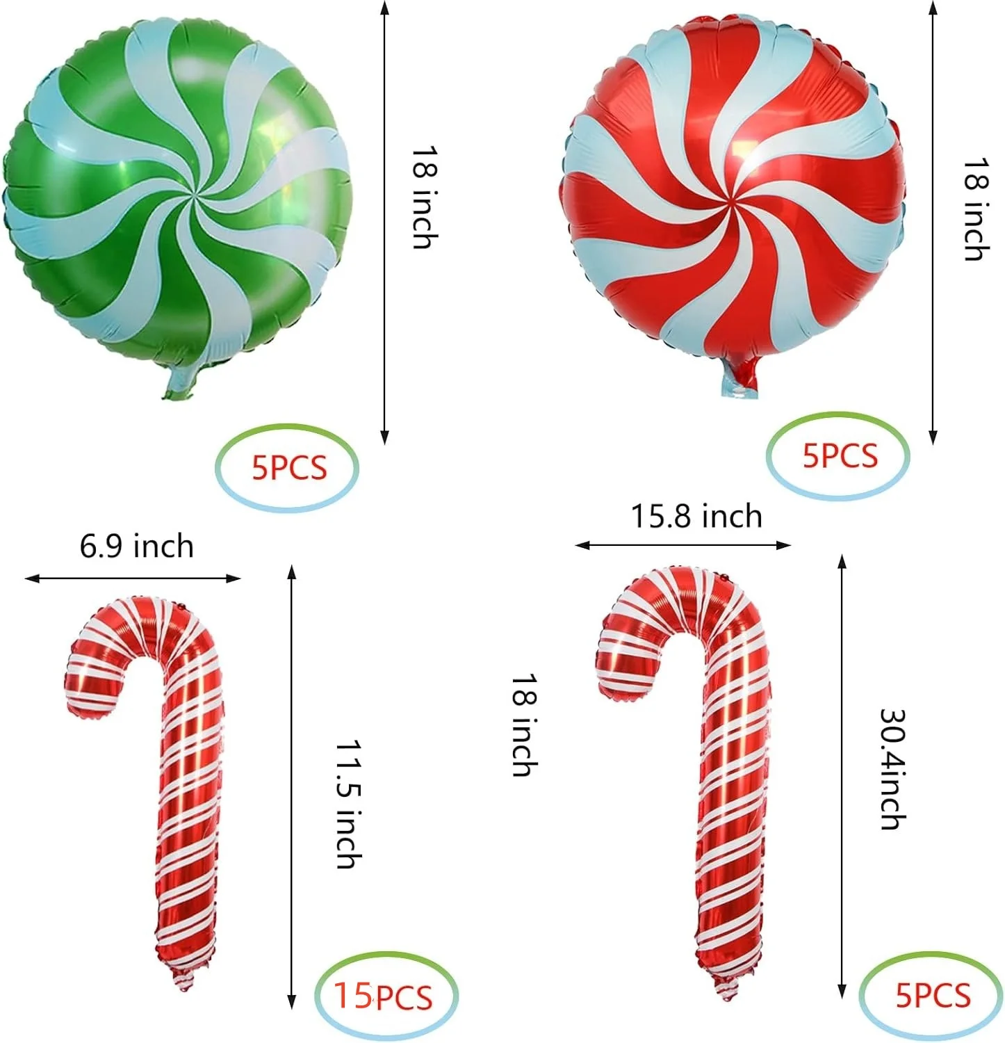 30 قطعة من بالونات قصب حلوى عيد الميلاد من رقائق معدنية لعيد الميلاد وحفلات أعياد الميلاد لوازم ديكور حفلات رأس السنة الجديدة والحلوى الحلوة لتزيين العطلة #2