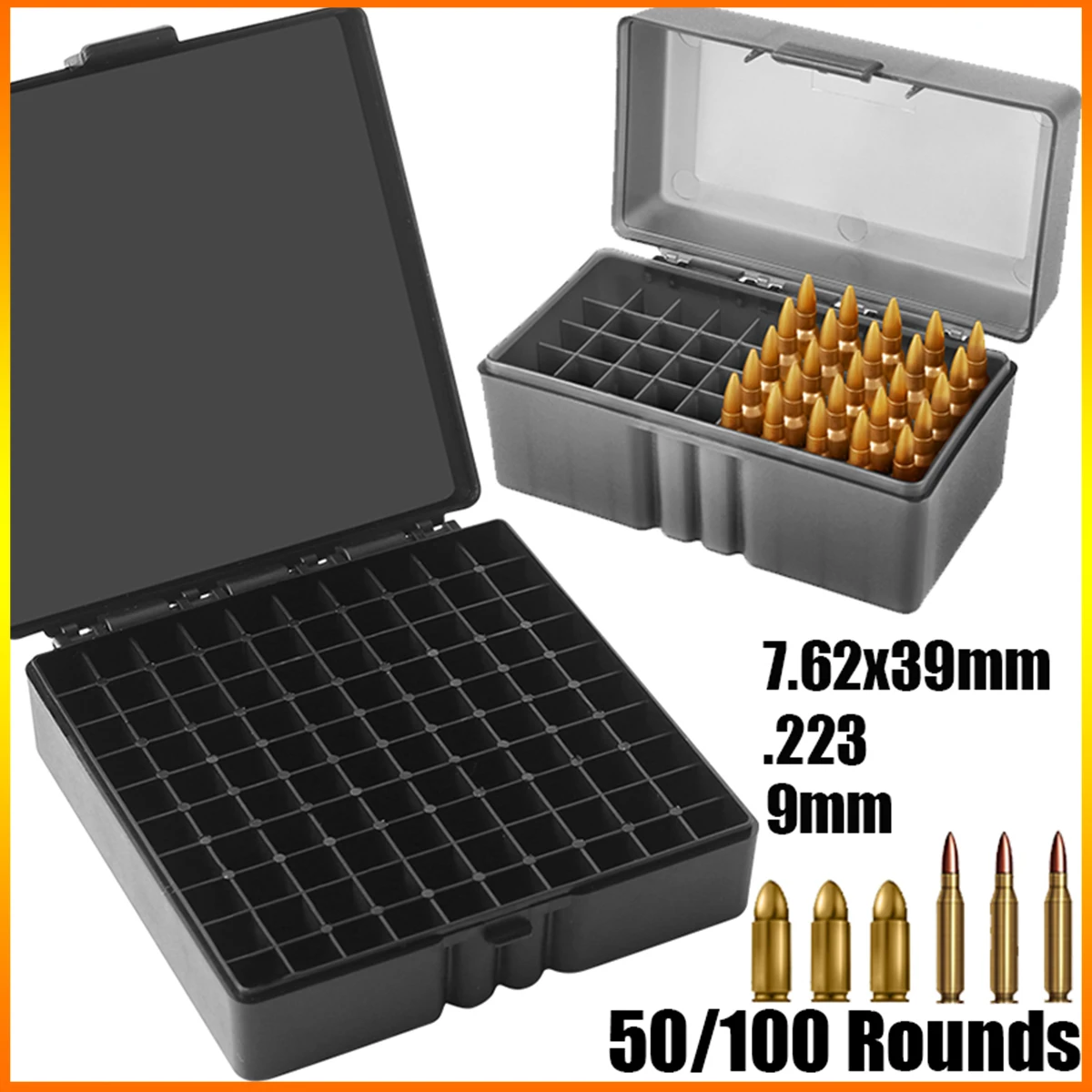 Portable Ammo Case 7.62x39 .223 9mm Ammunition Box Pistol Rifle Cartridge Storage Container Bullet Holder for Hunting Shooting