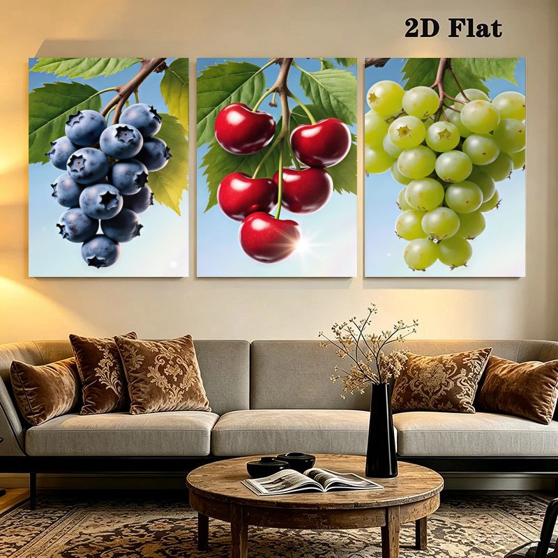 2D Flat, 2D Flat, 3pcs Modern Boho Fruit Art, Blueberry Cherry Green Grapes Wall Art, Living Room Bedroom Home Decor, Framele