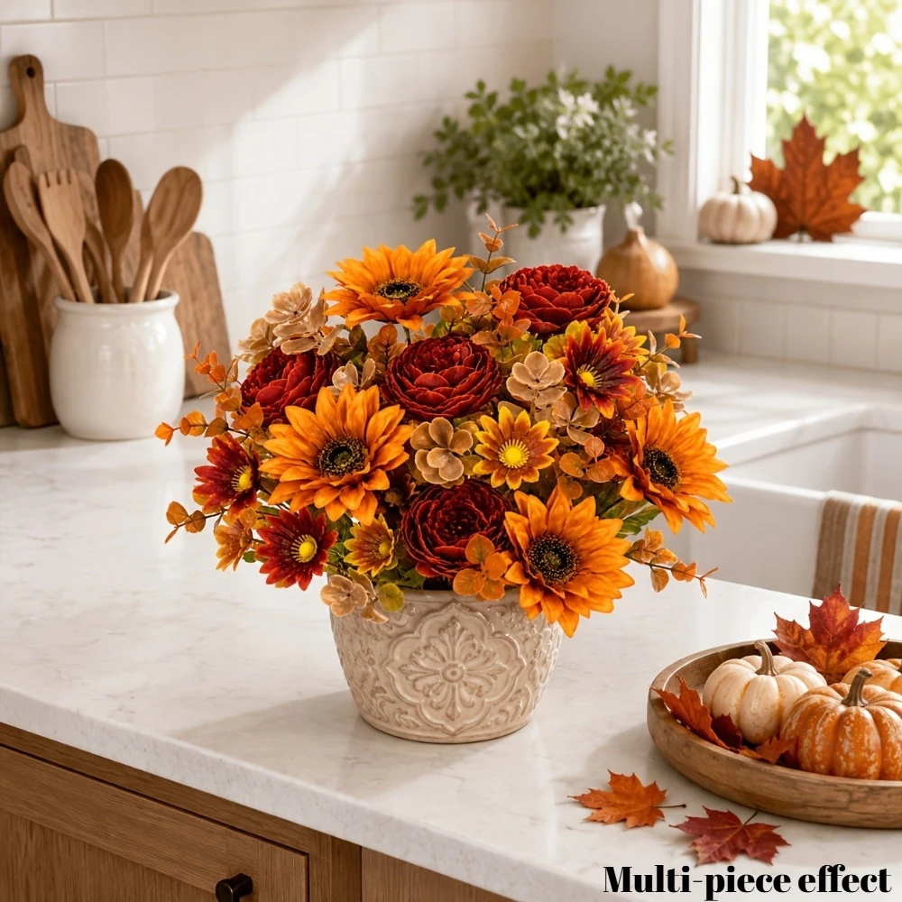 2-teiliger Herbstlicher Künstlicher Blumenstrauß in warmen Tönen mit Sonnenblumen und burgunderfarbenen Rosen für Halloween- und Thanksgiving-Dekoration 2026 – Detail 4