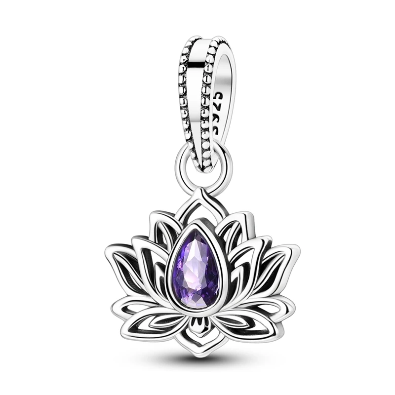 

925 Sterling Silver Charms Bead CZ Zircon Amethyst Lotus Dangle Fit Original Bracelet DIY Women Jewelry