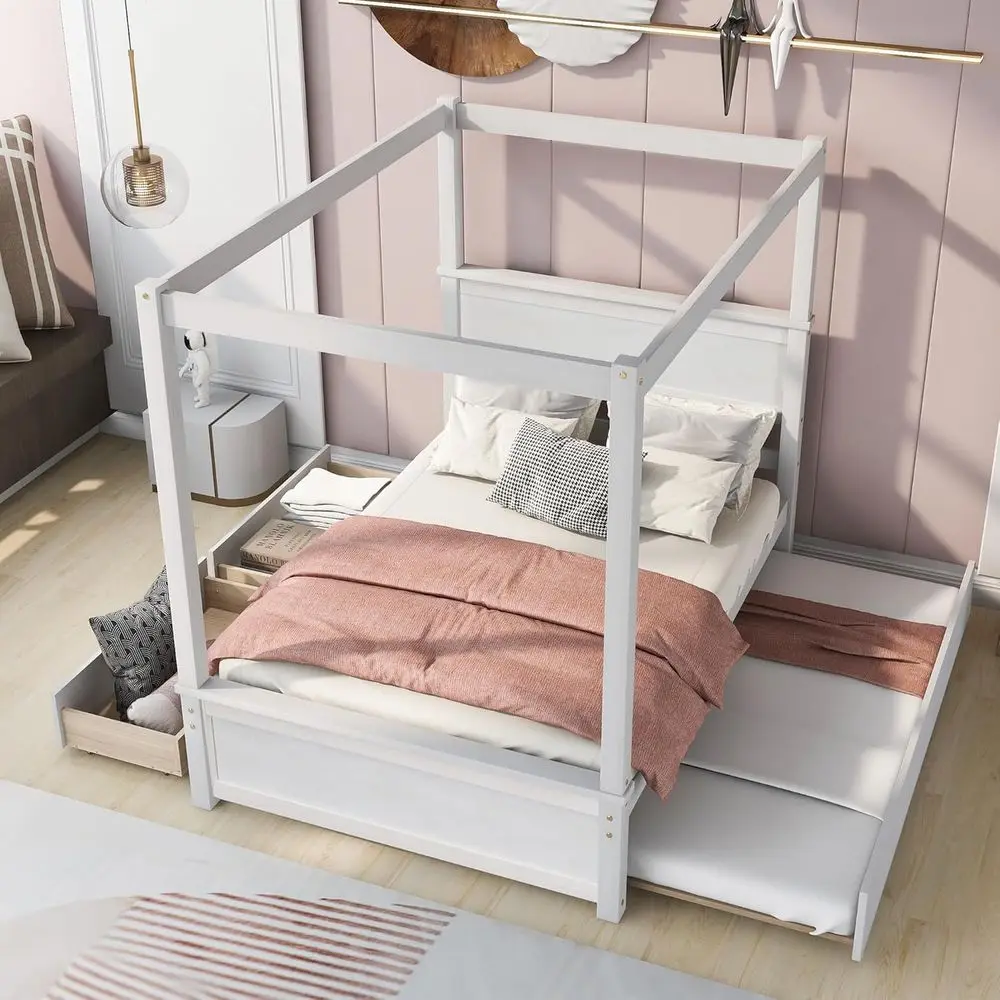 

Full Size 4-Post Canopy Bed with Trundle, Storage Drawers, and Headboard - Brushed White