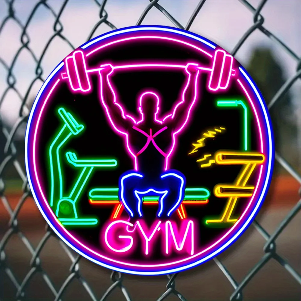 2D Neon Fitness-Studio-Schild, 2D Metall-Wandkunst, 7,8 Zoll Runde Raumdekoration für Zuhause, Garage, Männerhöhle