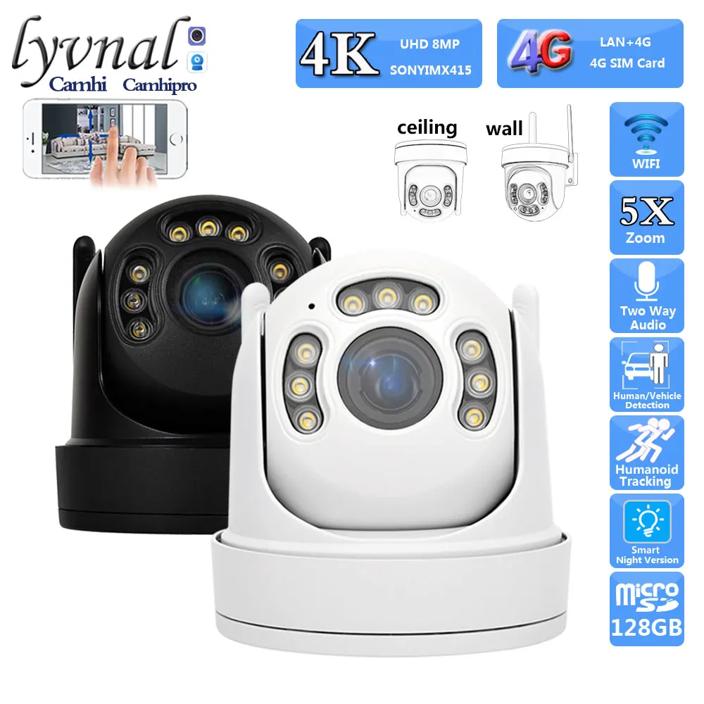 3G 4G SIM Card 4K 8MP SONY415 Wireless Security IP Camera Wifi PTZ Dome 5X Zoom Two Way Audio Human tracking Color Night Version