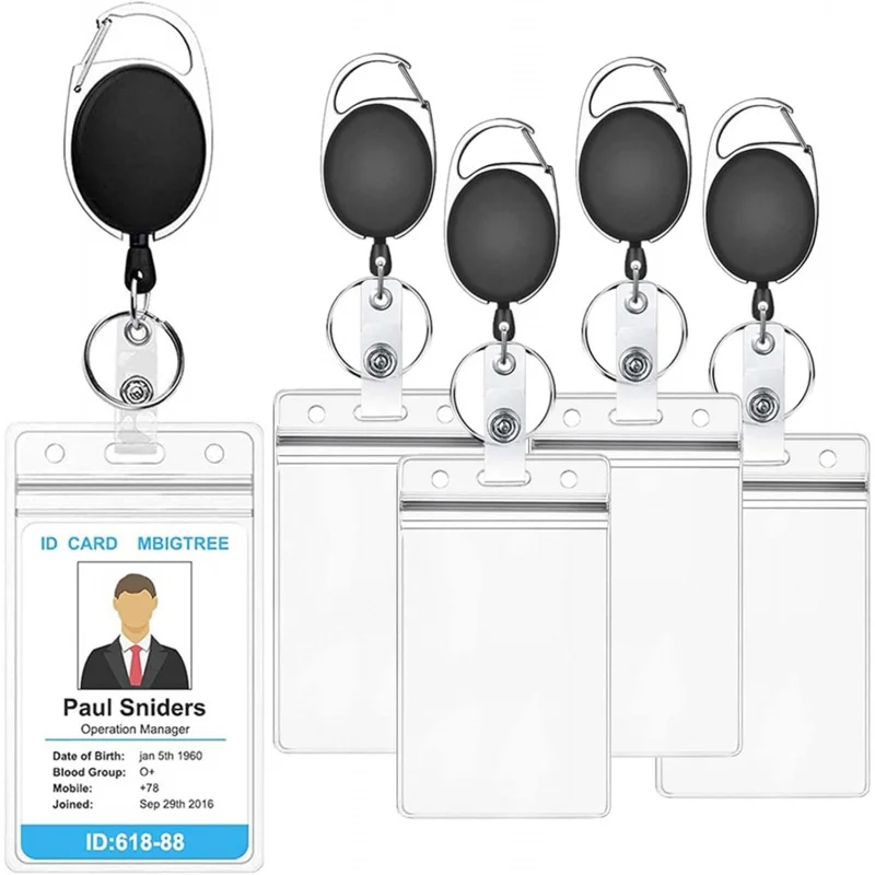 

5 Pack Retractable Badge Holders with Carabiner Reel Clip and Vertical Style Clear ID Card Holders, Waterproof Resealable Name