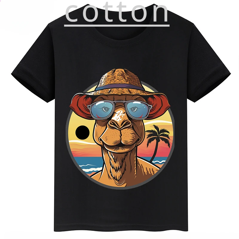 Cartoon Camel Print Children's Clothing Summer Kid's Short-sleeved Black Tops Personalized Cotton T-shirts for Boys and Girls