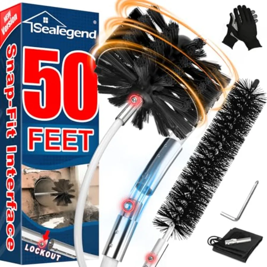 50 Feet Dryer Vent Cleaner Kit/Lint Remover/Fireplace Chimney Brushes/Upgraded Flexible Quick-Snap Brush with Drill Attachment