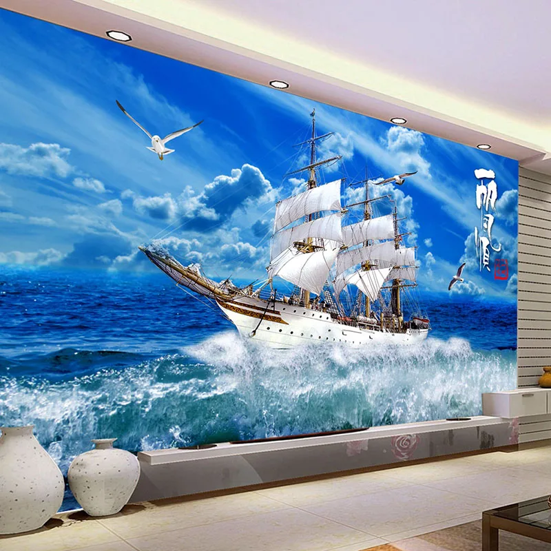 Customized products Photo Wallpaper Sea Waves Sailing Ship Nature Landscape Mural blue Living room TV background wall bedroom 8d