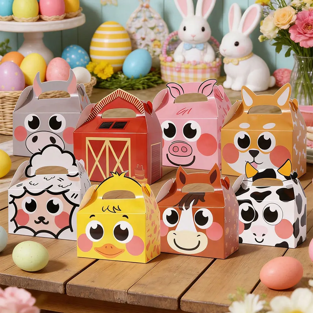 8/16/24pcs Cute Farm Animal Theme Gift Box Children Party Birthday Candy Box With Handle Paper Gift Box