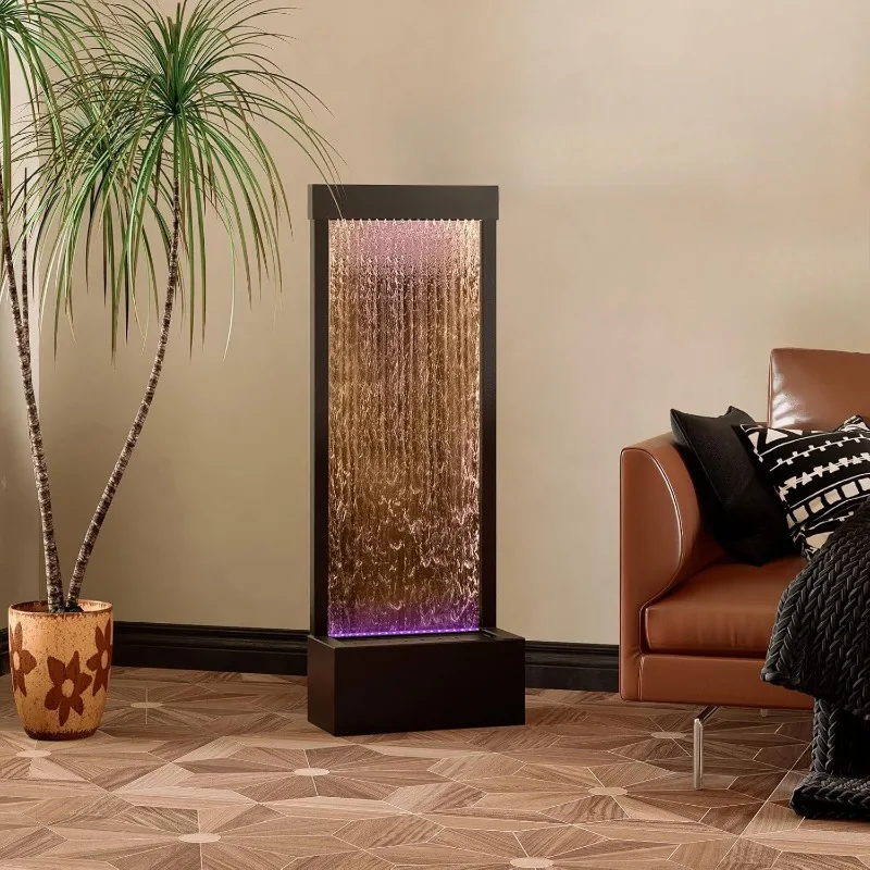 

Gold Seller EXW Modern Simple Floor Standing Indoor Waterfall Fountain With APP Controlled Multicolor LED Light Home Office Deco