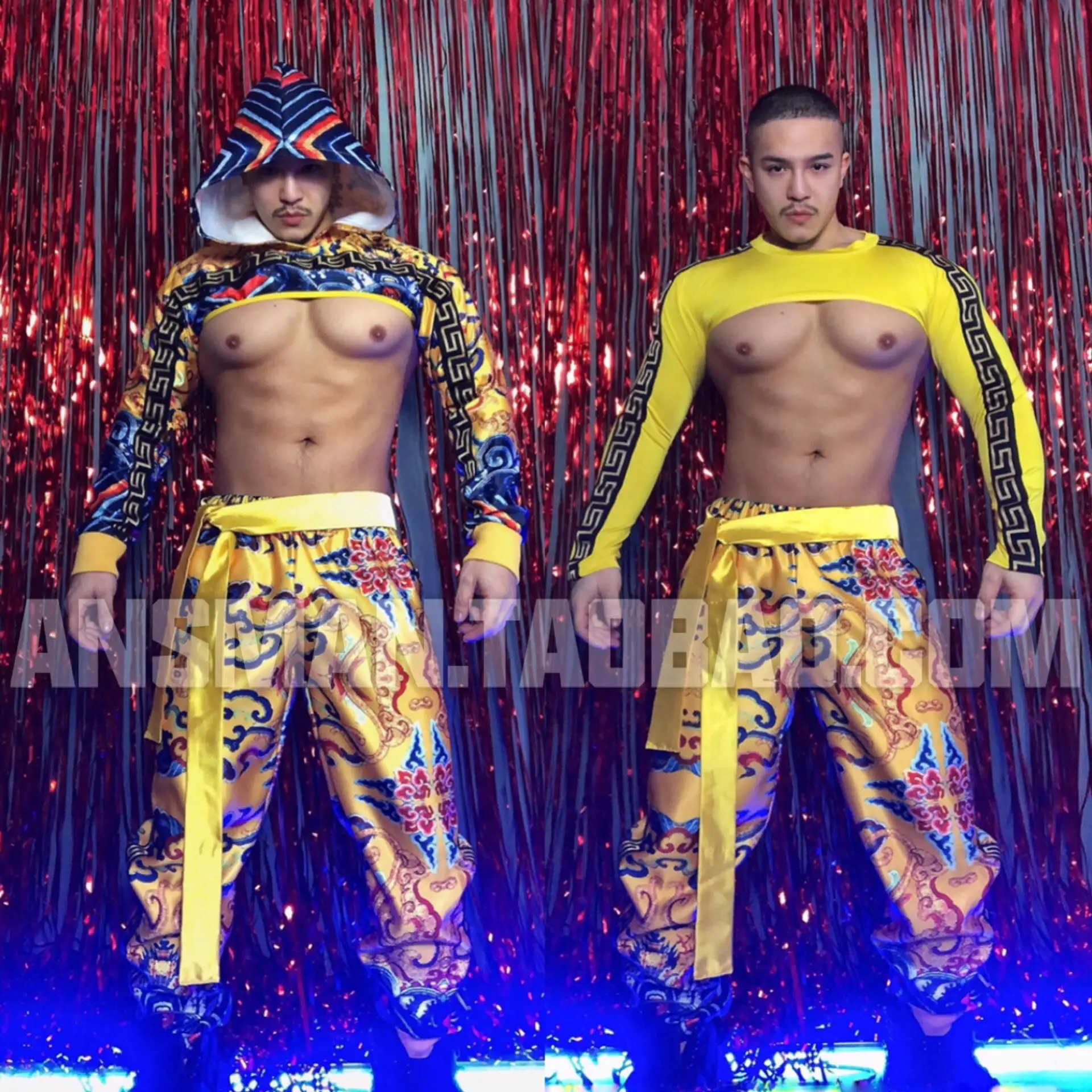 

Nightclub Yellow Hip-hop Hanfu Dragon Robe Singer Dance Team Gogo Bar Men'sWomen's Performance ClothesTop+Pants+Belt 3PCS/Sets