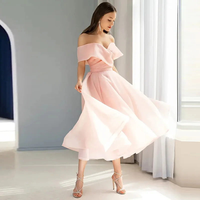 فستان وردي مكشوف الكتفين للحفلات الراقصة ميدي لضيوف الزفاف فستان تول على شكل حرف a فستان كوكتيل فساتين حفلات أنيقة 2025
