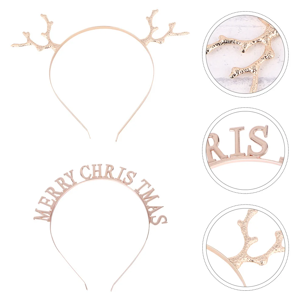 

2Pcs Alloy Christmas Antler Headbands Letter Hair Hoops Holiday Headwear Decorative Accessories for Parties Alloy Headdress