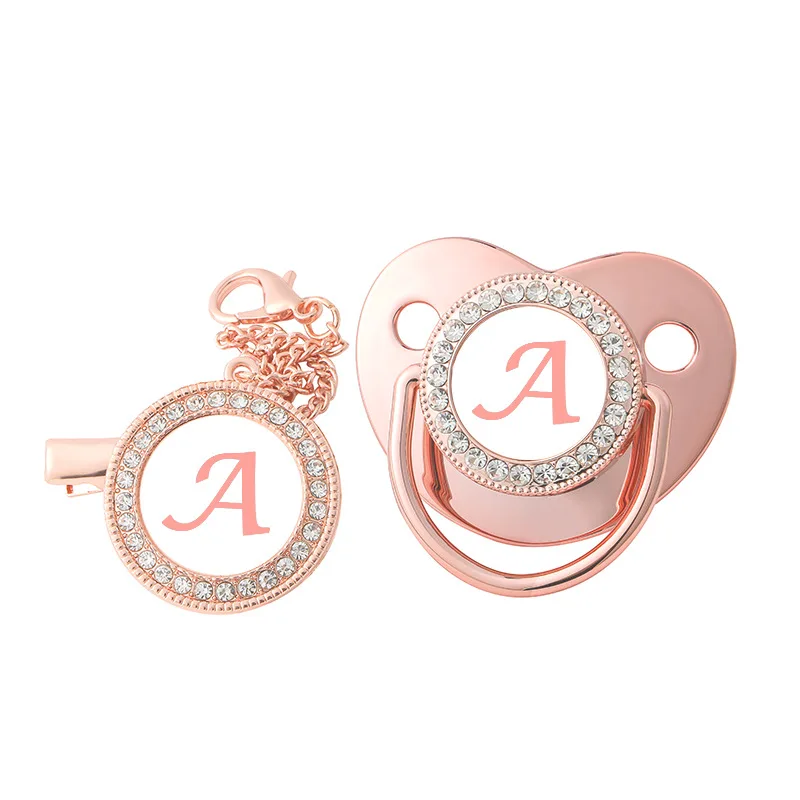 

26 Letters Baby Pacifier Clip Rose Gold Bling Pacifiers Holder Silicone Soother Nipple Dummy Baby Shower Gifts
