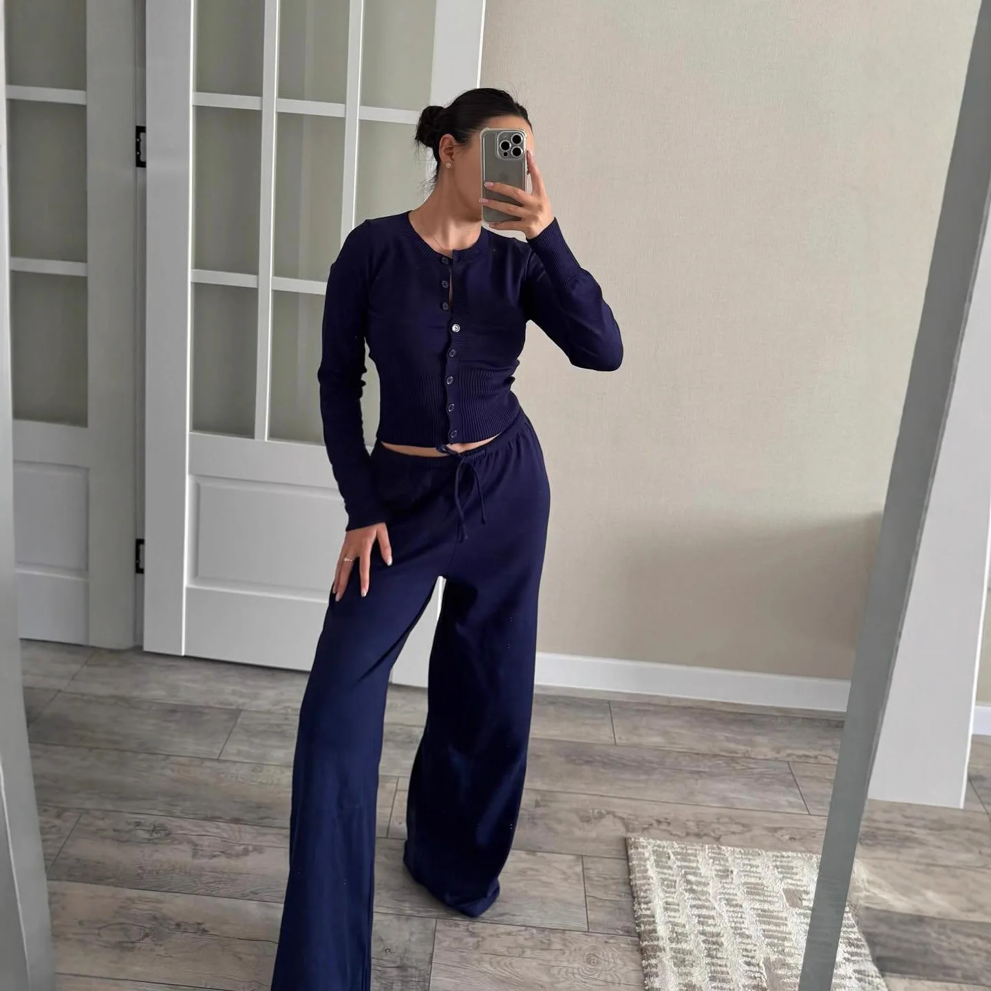 Hosenanzug für Damen, Gestricktes 2-Teiliges Set, Strickjacke, Weite Hose, Strickjacke-Ensemble, Strickwaren für Bürodamen, Frühling 2026
