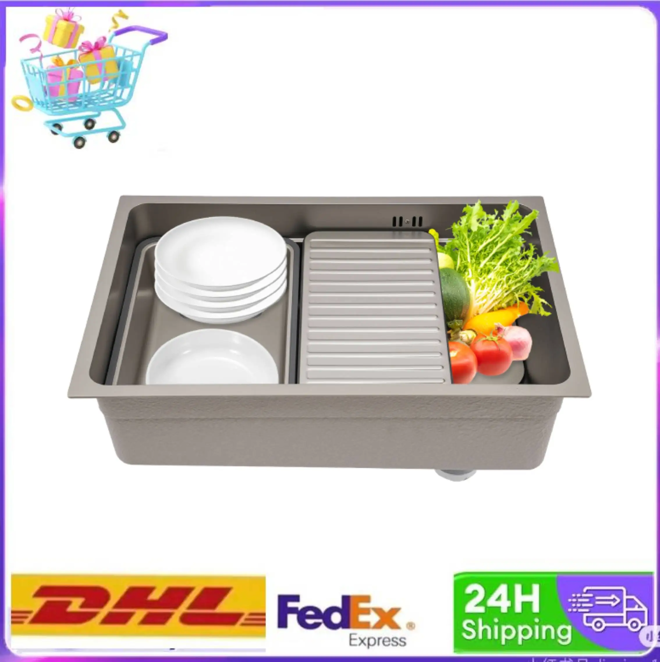 

16.1*24.4*8.5in Single Bowl Drop in Kitchen Sink Top Mount Stainless Steel Kitchen Bar with Defrost Board Drainage Pipe