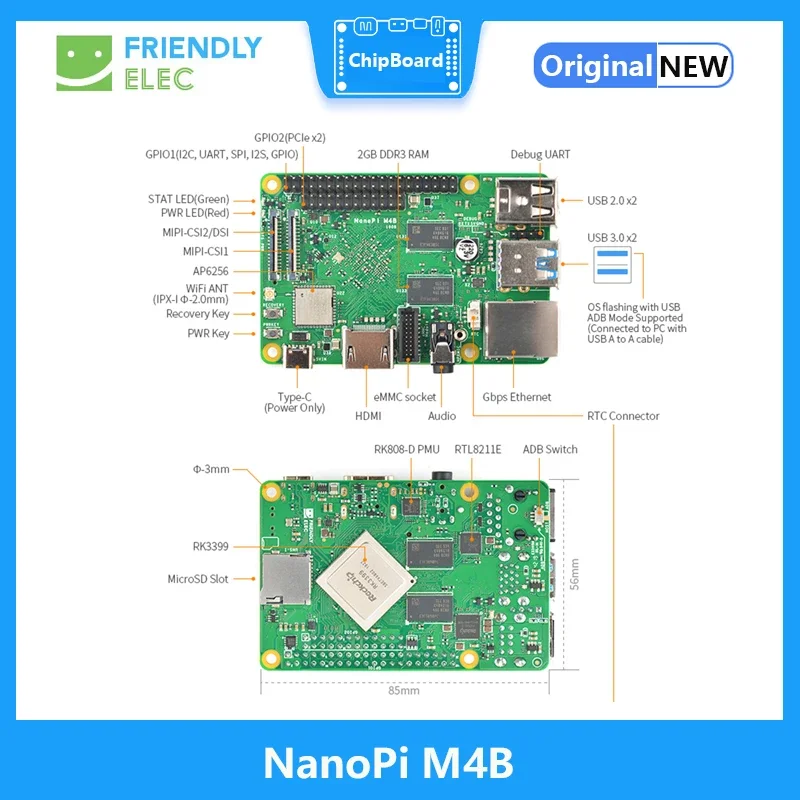 NanoPi M4B 2GB DDR3 Rockchip RK3399 Dual-Channel WiFi-5G Dual Camera,Support Android 8.1 Ubuntu Lubuntu compatible with RPi B3+