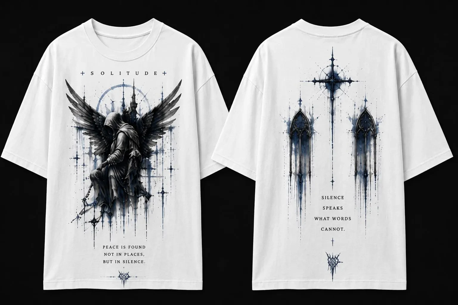 Dark Gothic Fallen Angel T-Shirt – Cross & Church Back Print – Solitude Silence Quote – Unisex Oversized White Tee