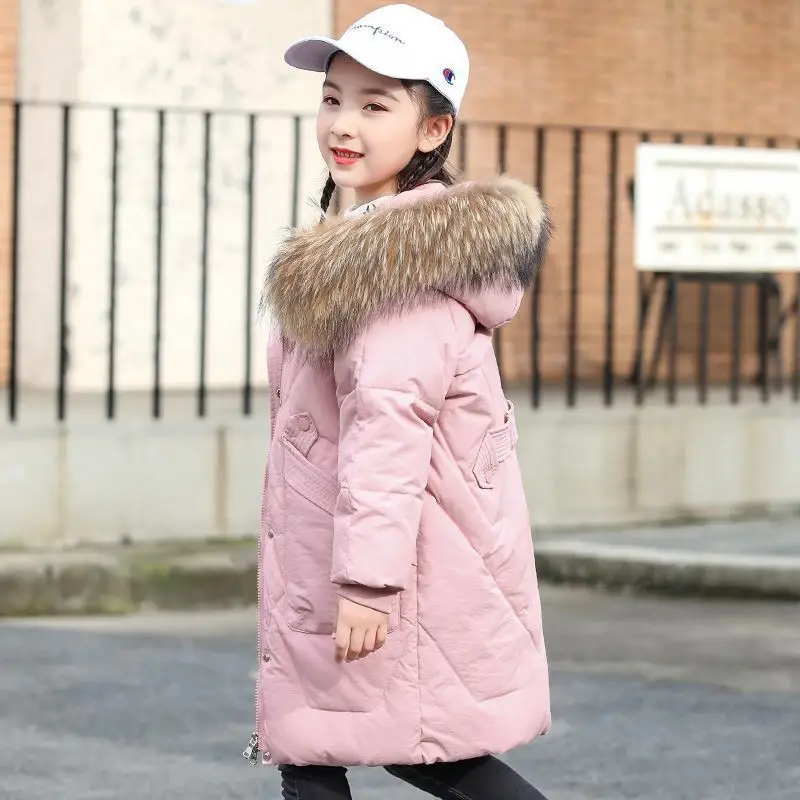 

Winter new style girls' cotton jacket, medium and large children's thickened medium long down cotton larg collar cotton jacket