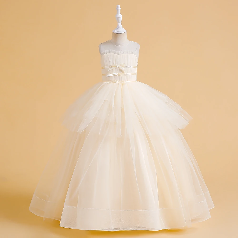 2024 Flower Girls Wedding Bridesmaid Tulle Dress Piano Competition Clothes Kids Birthday Puffy  Costumes Teens Evening Prom Gown