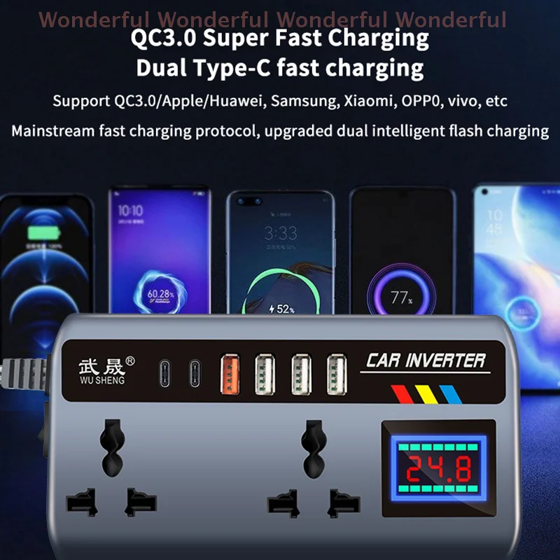Motor Vehicle Inverter Adapter 12V/24V to DC220V 200W Multiple Charger Dock QC3.0 USB PD Type-C Rapid Charging - Image 4
