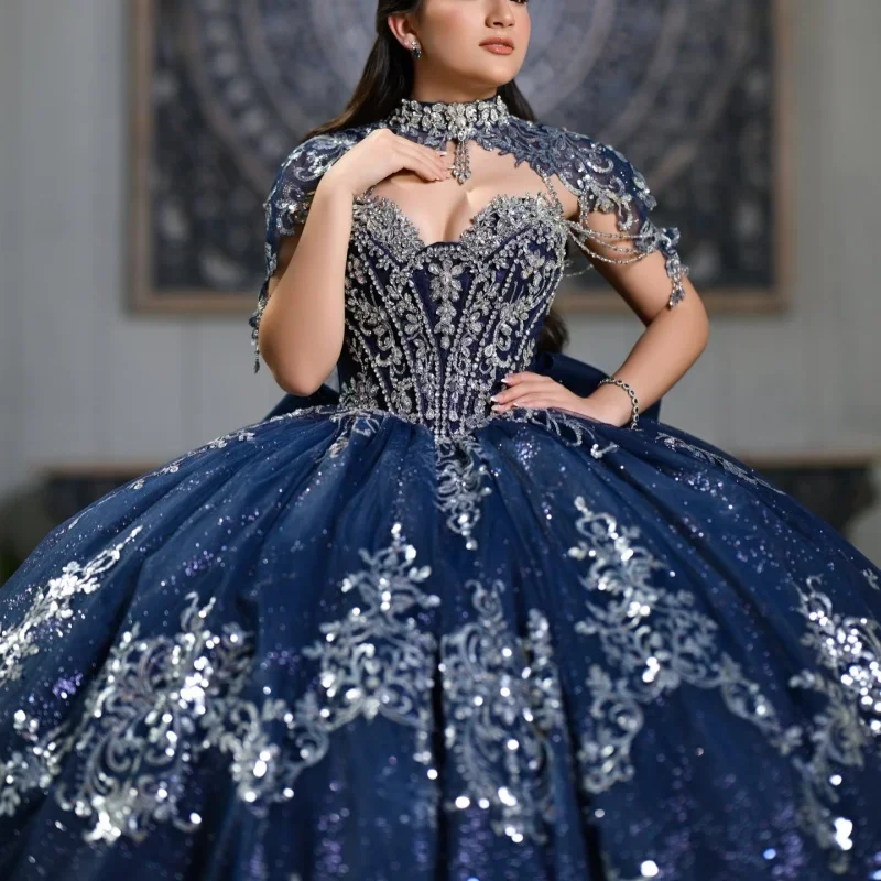 

Shiny Dark Blue Quinceanera Dress off-shoulder Crystal Glitter Long tail Bow vestidos de 15 Quinceanera ﻿