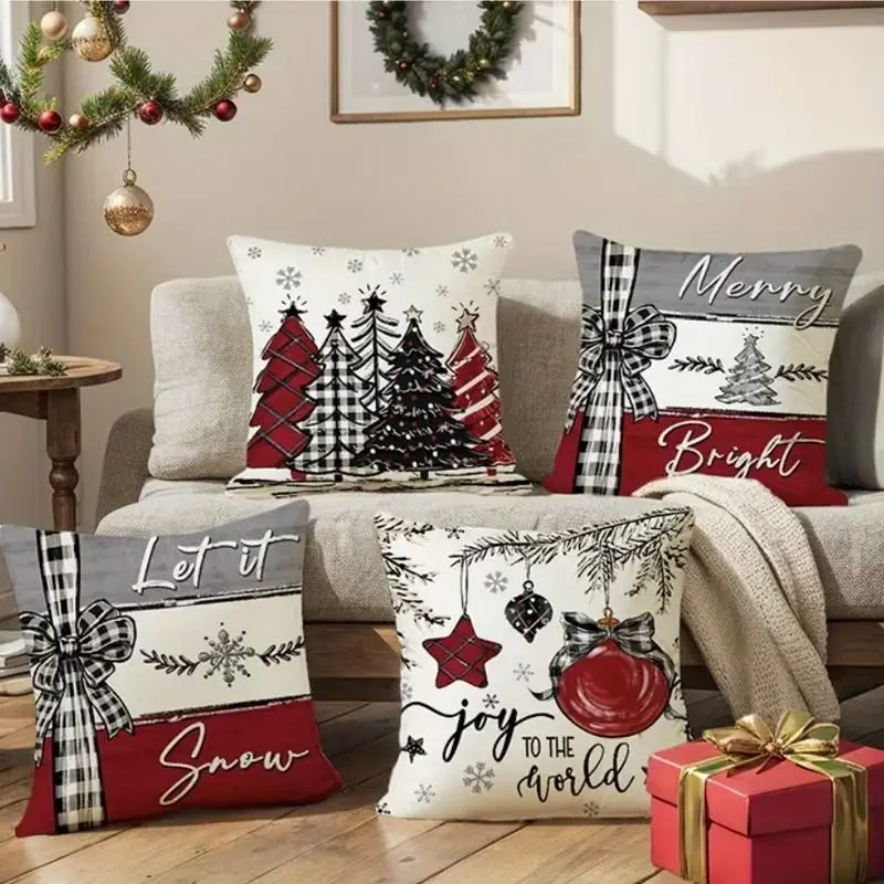 Christmas Pillow Cover Set 4Pcs Retro Buffalo Plaid Bow Xmas Slogan Cushion Cover for Sofa Home Holiday Decoration No Insert