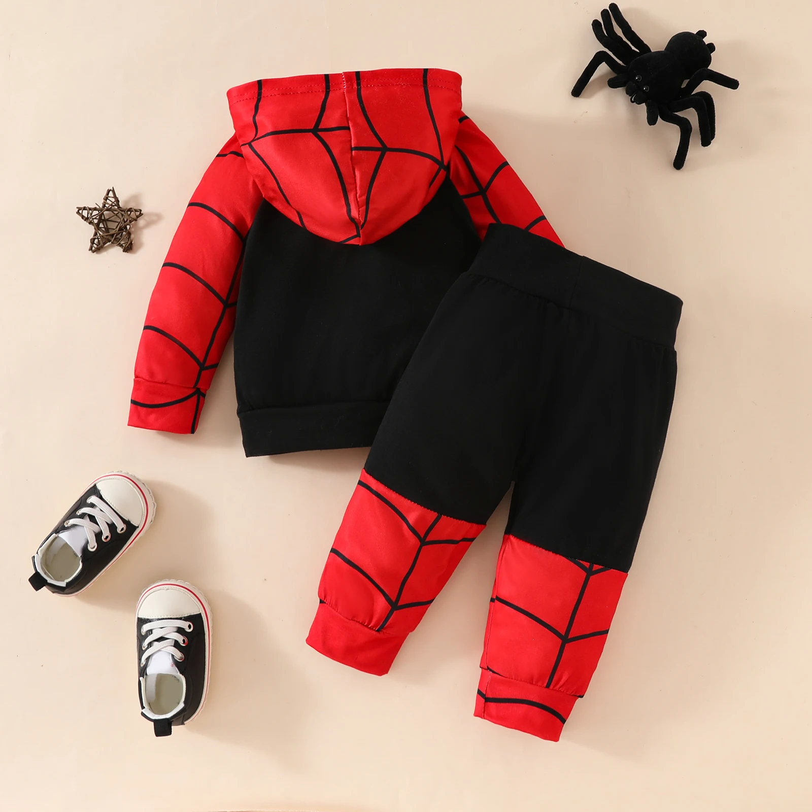 Autumn baby boys spider print color matching hooded top, color matching pantsuit