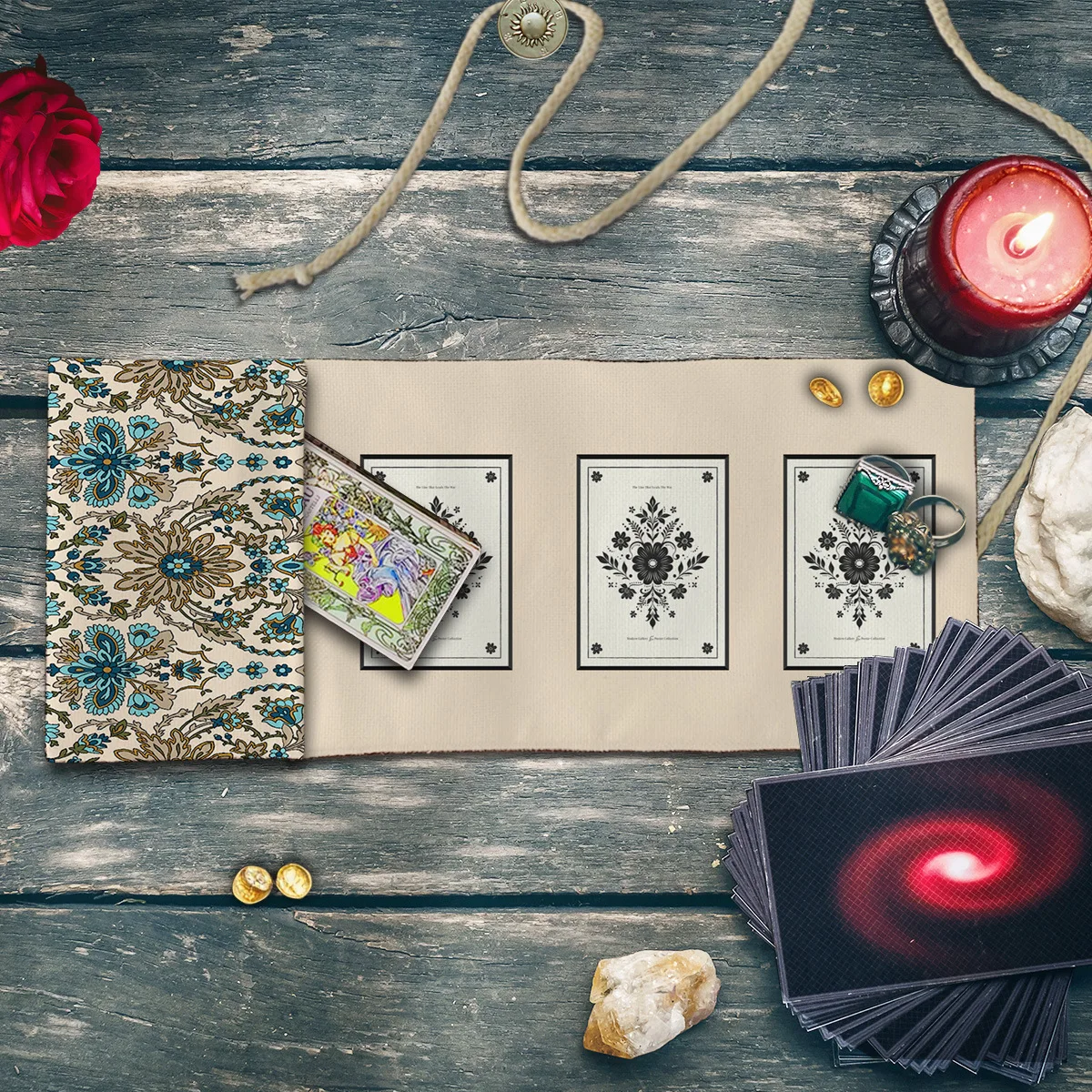 Vintage Floral Tarot Roll‑Up Pouch 3‑Card Layout Drawstring Tarot Card Storage Bag Divination Witch Tarot Reading Accessory