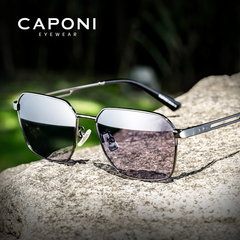 CAPONI Polarized Sunglasses Men Brand Design Square Black Sun Glasses Driving UV400 Protect Photochromic Gray Glasses BS24708