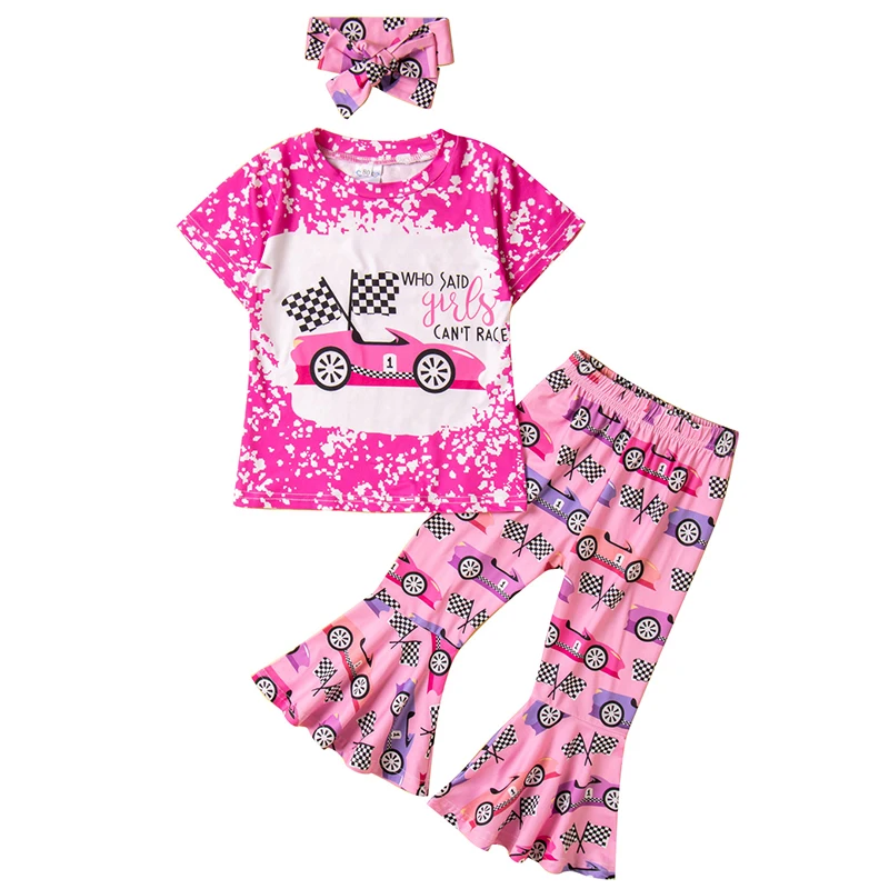 

3Piece Summer Outfits Toddler Girls Clothes Fashion Cartoon Print Short Sleeve Tops+Flared Pants Baby Luxury Clothing Set BC669