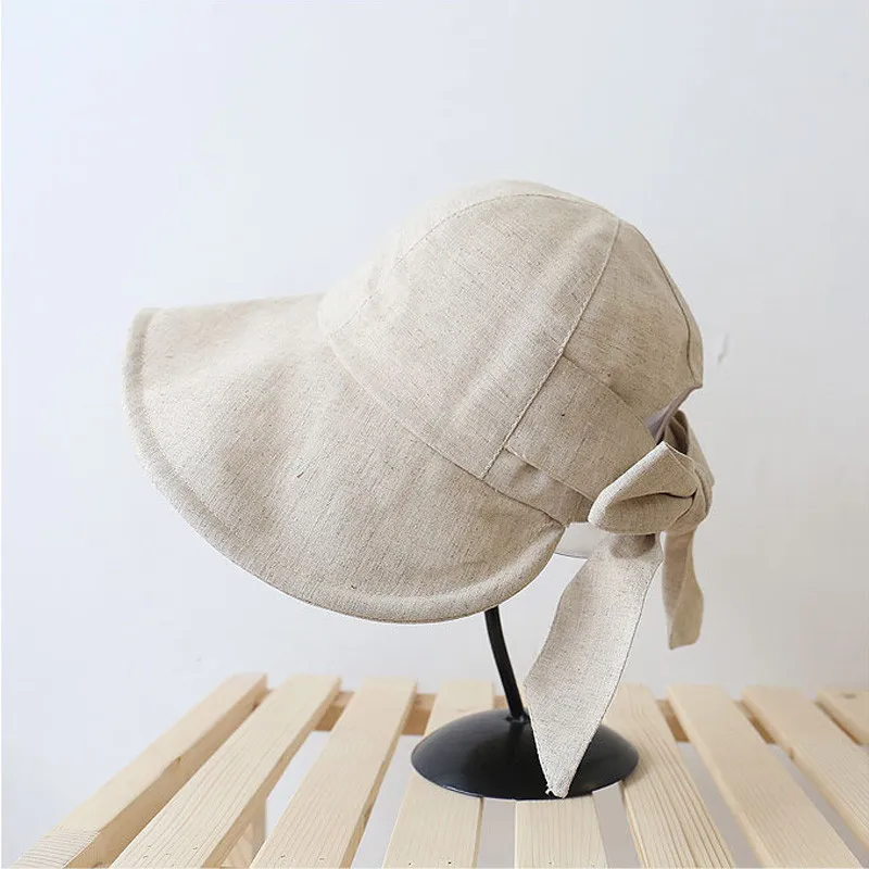 Women Cotton Linen Bucket Hat Summer Sunscreen Cap Female Beach Outdoor Bowknot Foldable Breathable Sun Hats Chapeau Homme