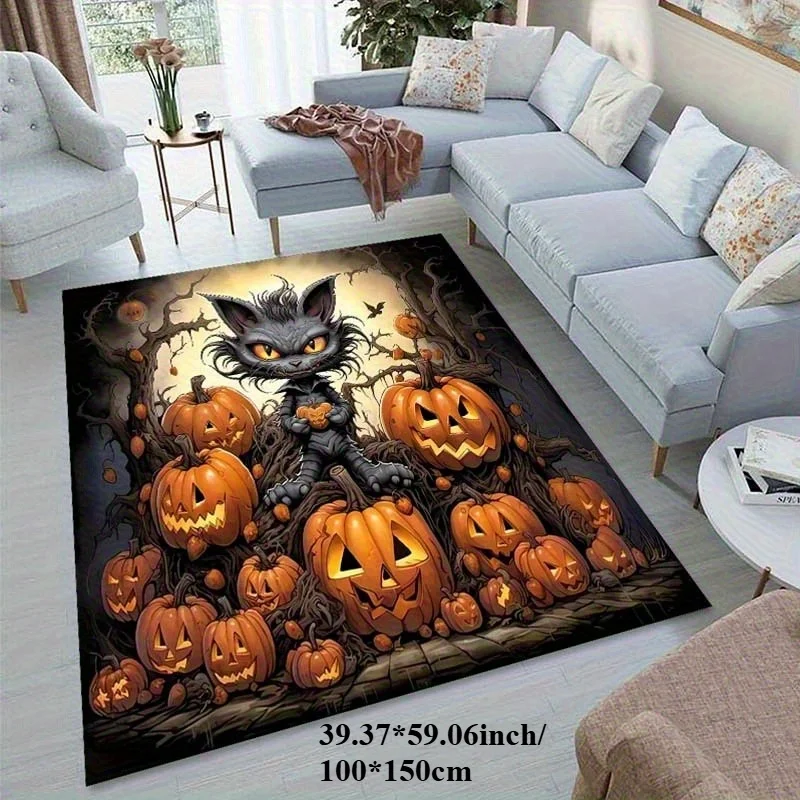 

VIKAMA Halloween Carpet - Ghost Cat And Pumpkin - Living Room, Bedroom, Game Room, Outdoor Terrace Floor Mat, Home Decoration