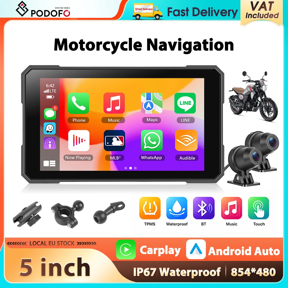 Podofo 5'' Touchscreen Motorrad Carplay Android Auto mit Doppelkameras IP67 Wasserdicht Reifendruckerkennung WiFi Schleifenaufnahme DVR