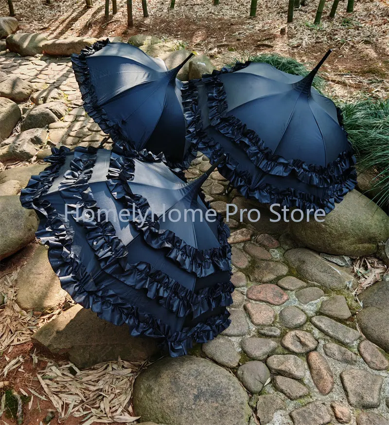 Pagoda Shape Lolita Princess Parasol Vintage Palace Black Coated UV Protection Japanese Long Handle Sun Rain Umbrella For Women