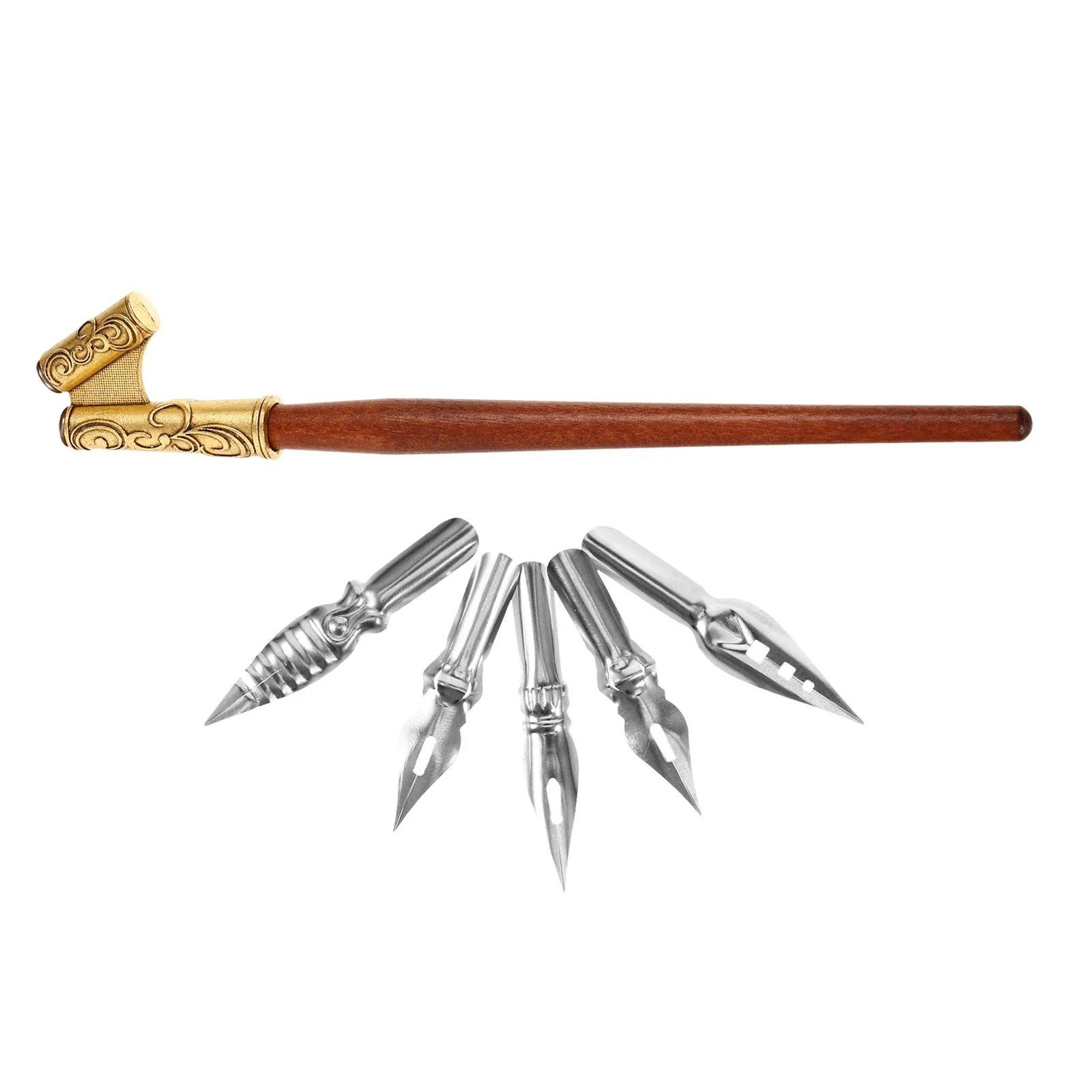 1 Set Wooden Calligraphy Stainless Steel Dip Pen Tips Smooth Writing Practical Calligraphy Practice Pen Elegant Signing Drawing