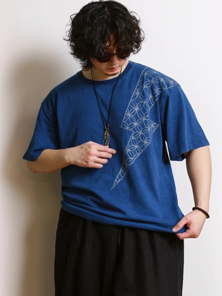 تي شيرت قطني كاجوال بأكمام قصيرة بنمط ياباني مصبوغ باللون الأزرق من القطن الخالص فضفاض للصيف برقبة مستديرة يواكب اتجاهات الشباب #1