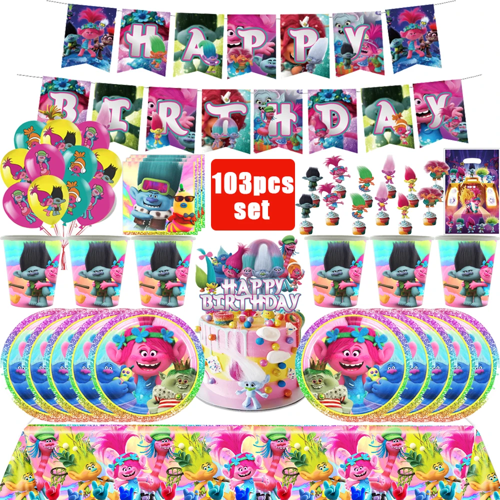 

Trolls Theme Birthday Party Decor Disposable Tableware Tablecloth Plates Cup Cake Topper Balloon Baby Shower Girl Party Supplies