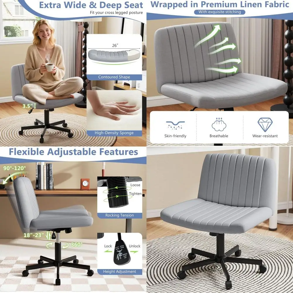 

Gray Fabric Swivel Ergonomic Office Chair with Wheels, Armless Cross-Legged Desk Seat, Wide for Home & Makeup Vanity Use