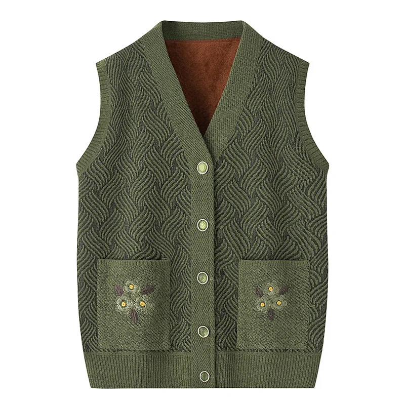 Grandma\'s Spring Autumn Warm Knit Jacket Middle Aged Mother Camisole Sweater Embroidered V-neck Cardigan Vest For Women XL-5XL