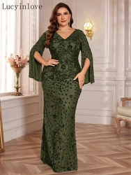 Lucyinlove-Robe de Soirée de Forme Sirène à Manches sulfpour Femme, Tenue de Bal, Mariage, Cocktail, Grande Taille, Paillettes, Bleu, Luxe, 2024