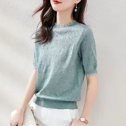 Women Lace Edible Tree Fungus Hollow Thin Elegant Knit T-shirt Summer Korean Style Female Sweet Chic Short Sleeve Pullover Tops