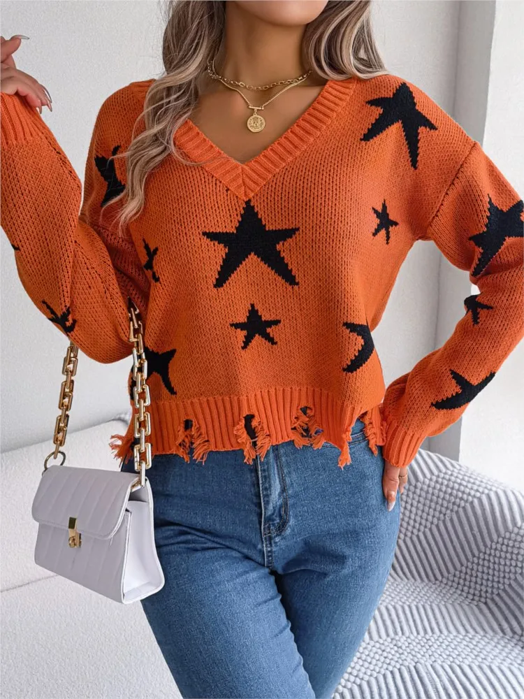 Women's Autumn Casual Sexy V-neck Fashionable Contrasting Star Print Cut Out Long Sleeved Knitted Comfortable Pullover Sweater