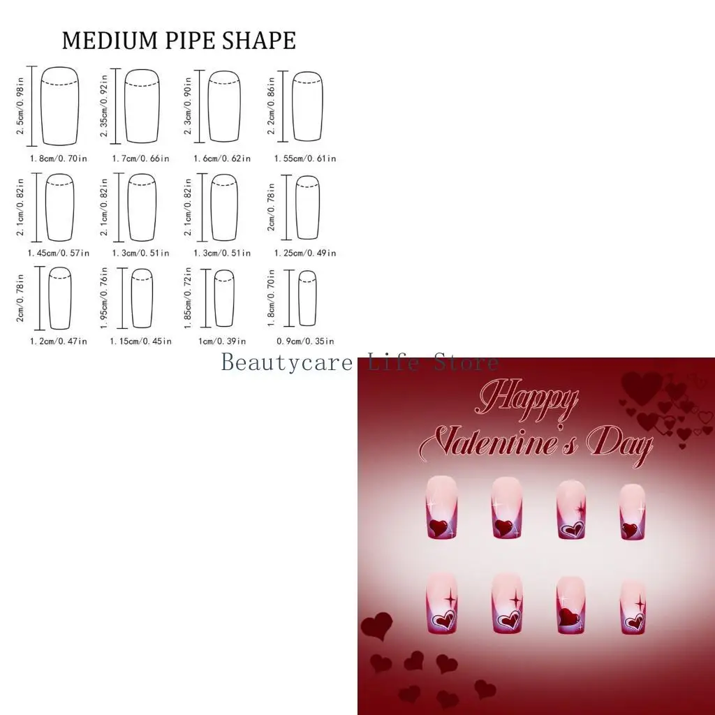 

652C Valentines Day Pink Glitters Fake 24PCS Coffin Glossy Press On NailsWine Red Heart Design Perfectly fit