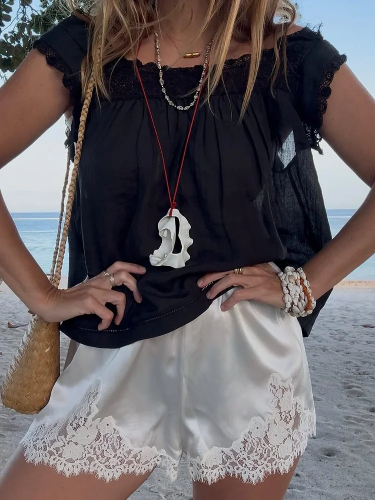 Damskie szorty z koronkowymi wstawkami, satynowe, eleganckie, luźne, jednolite, z szerokimi nogawkami, elastyczne, krótkie, nowość 2025, styl Y2k, codzienne, streetwearowe.