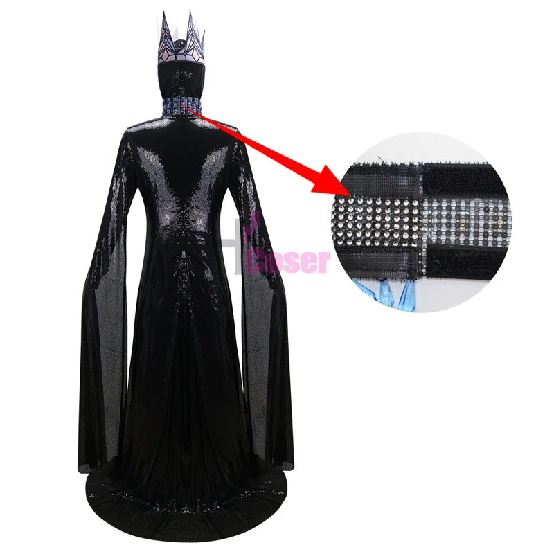 Evil Queen Costume Women Halloween Gothic Long Dress with Crown Necklace Set Snow White Villain Cosplay Outfit For Party Masquer view 3