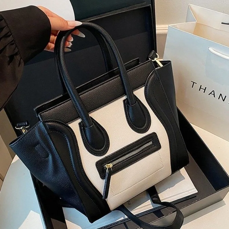 

Women's Retro Color-Block Tote Bag, Lychee Pattern Large Capacity Handbag, Versatile 3-Way Carry (Shoulder/Crossbody/Handheld)