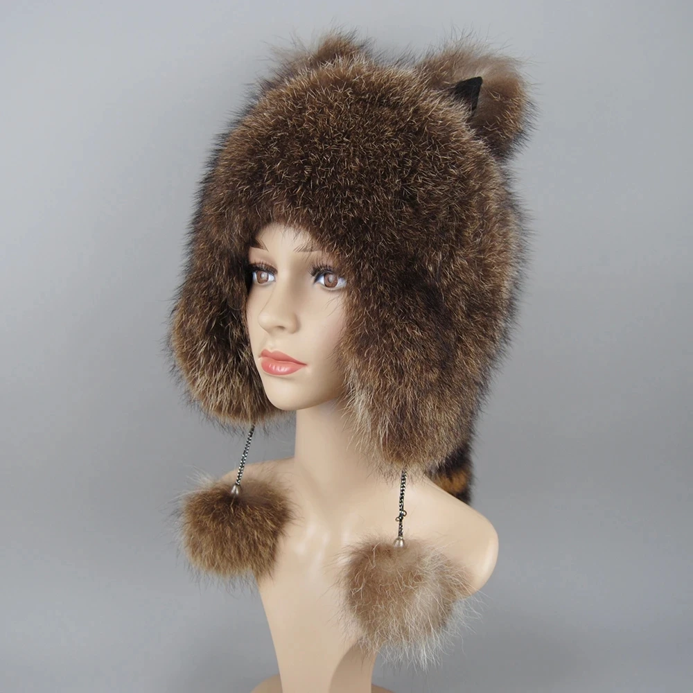 Winter Warm Ladies 100% Real Raccoon Fur Hat Russian Real Raccoon Fur Bomber Hats With Ear Flaps For Women Genuine Real Fur Caps