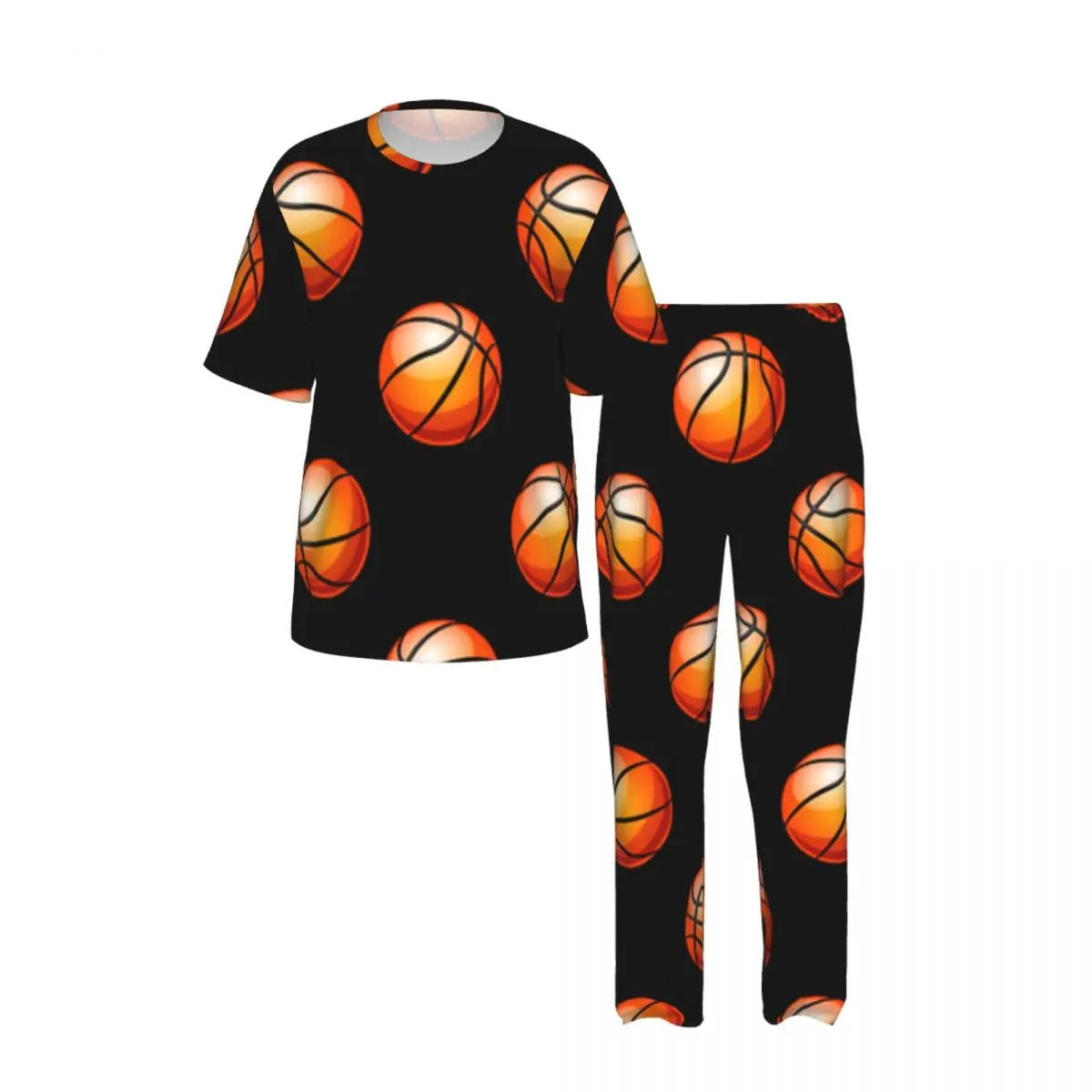Men Pajamas Suit Short Sleeved Long Pants Basketball Ball Print Sleepwear Summer Home Clothing Set view 2