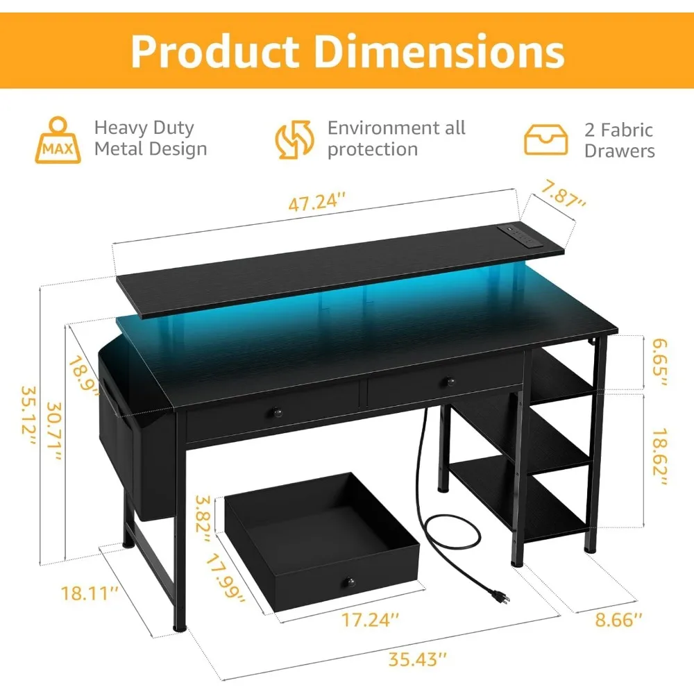 Meja Komputer Hitam dengan Rak dan Laci - Meja Kantor Rumah 47 Inci dengan Laci dan Rak, Meja Hitam Kecil dengan Rak,